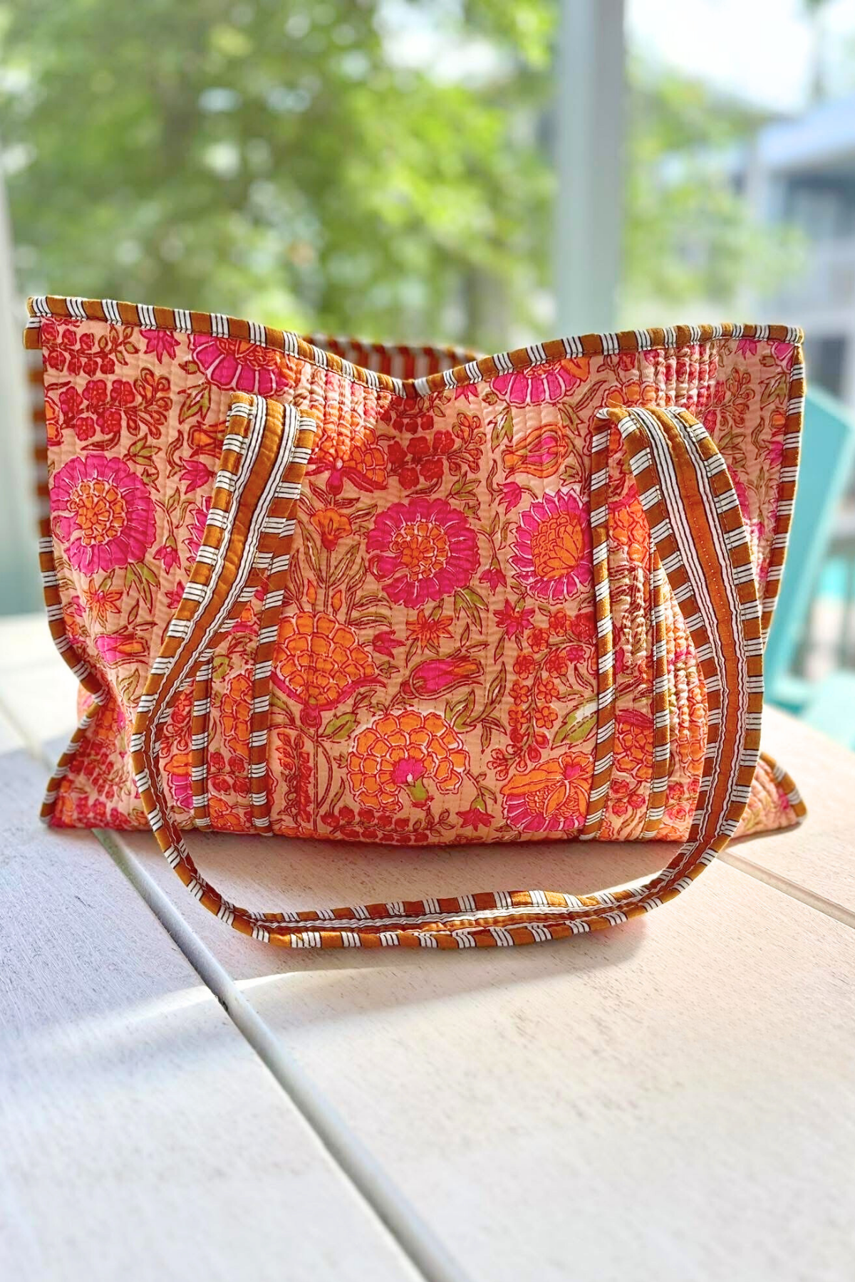 Orange Floral Patterned Tote Bag