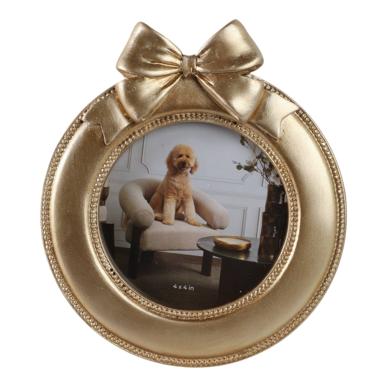 Gold 4" Round. Polyresin Glam Round Photo Frame with Bow