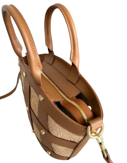 Cecile Leather & Raffia Studded Crossbody Bag