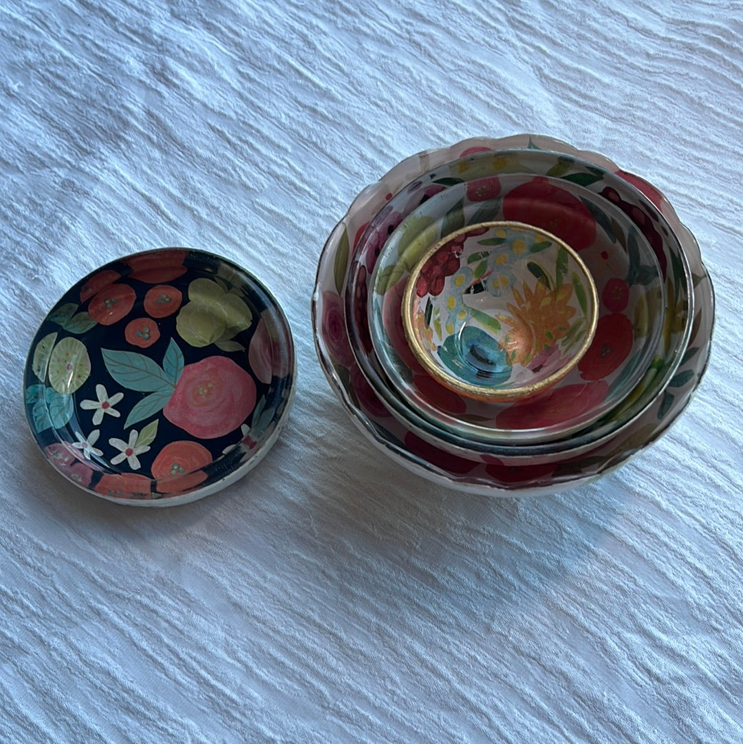Handmade Decoupage and Glass Dish and Nesting Bowls