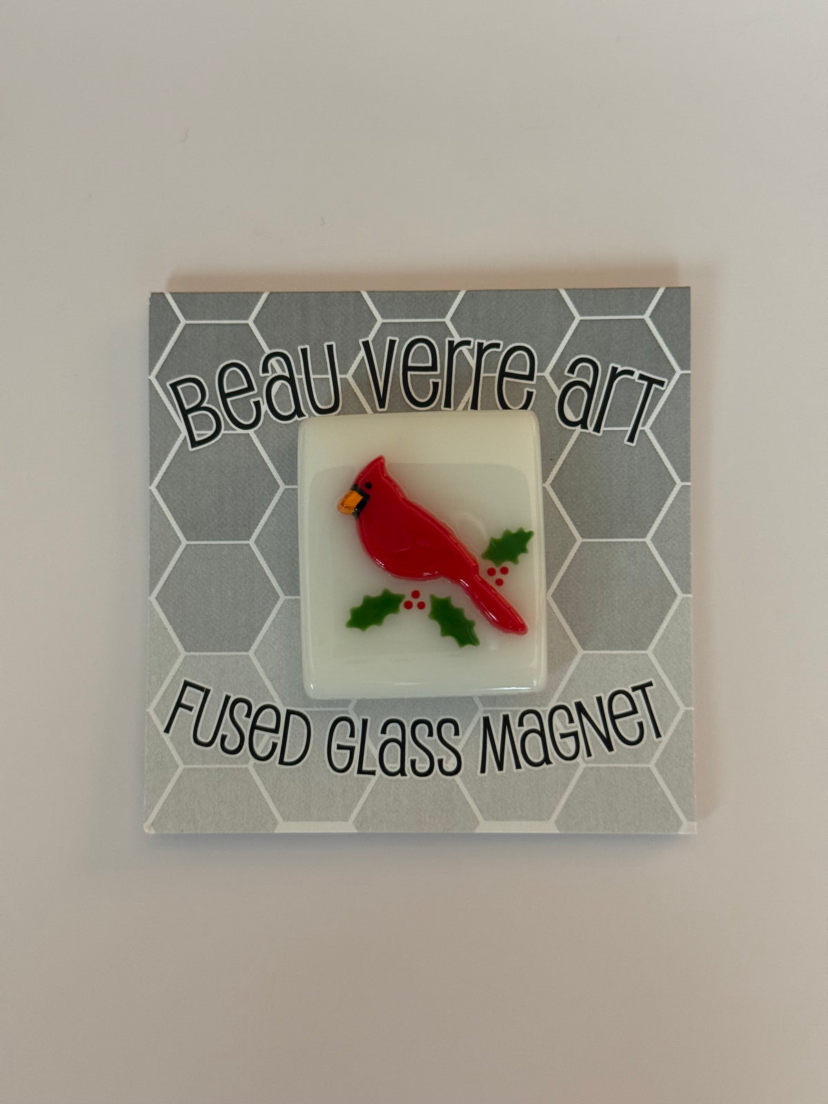 Cardinal with Holly on White Fused Glass Needleminder - MKT
