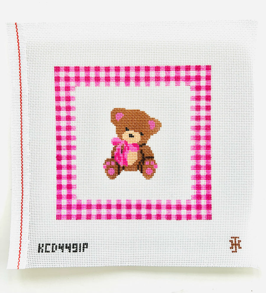 KCD4491P Teddy Bear with Gingham Border Pillow - Pink - TS