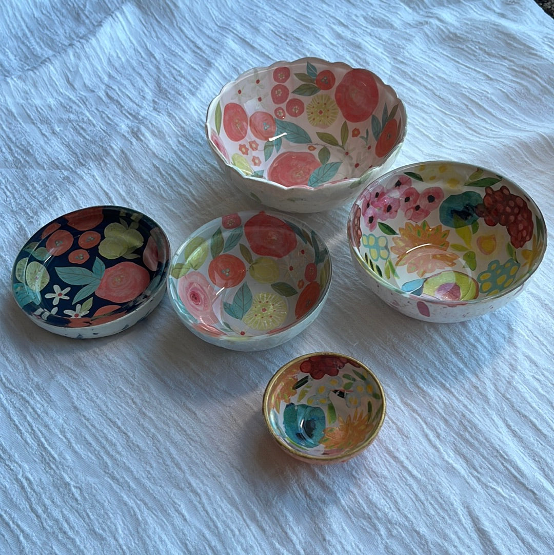 Handmade Decoupage and Glass Dish and Nesting Bowls
