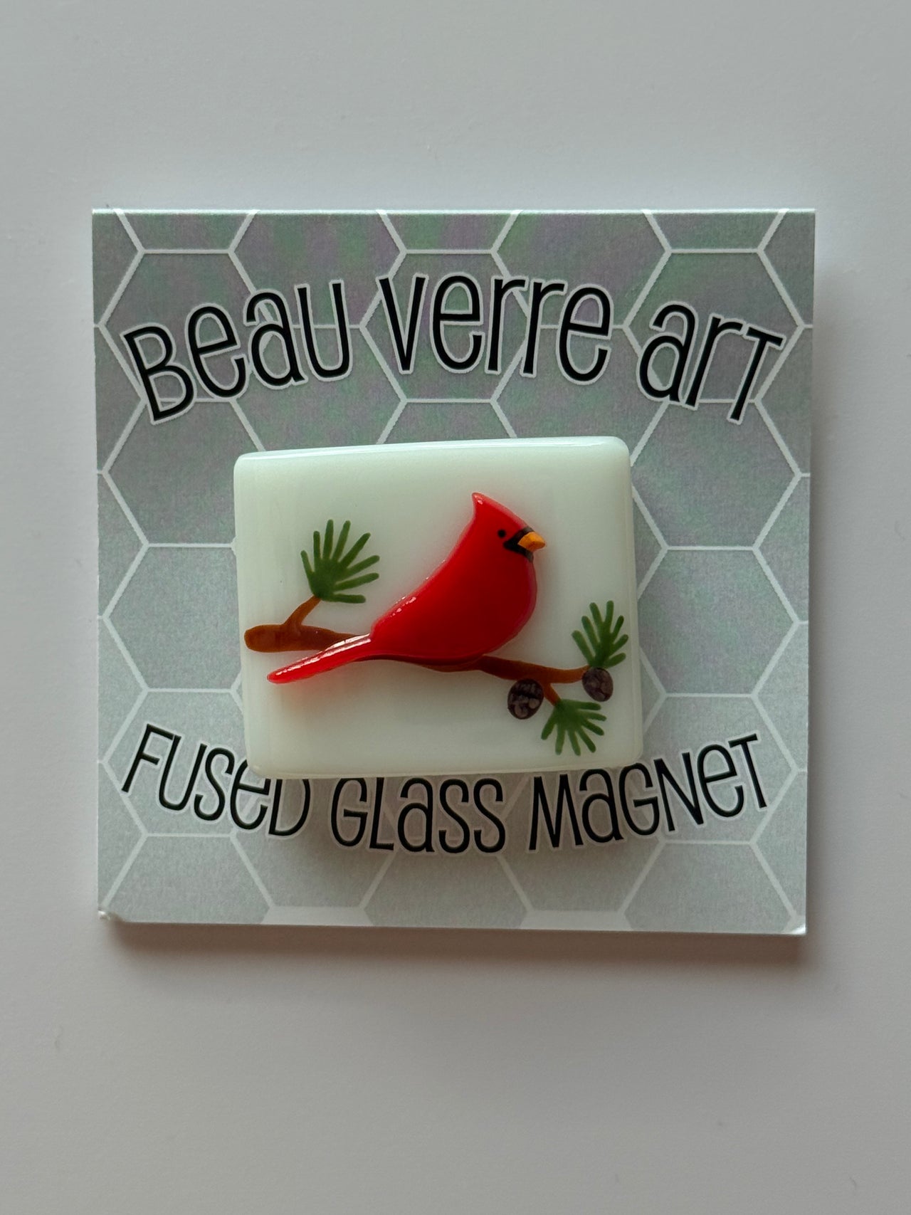 Cardinal on Pine Bough Fused Glass Needle Minder