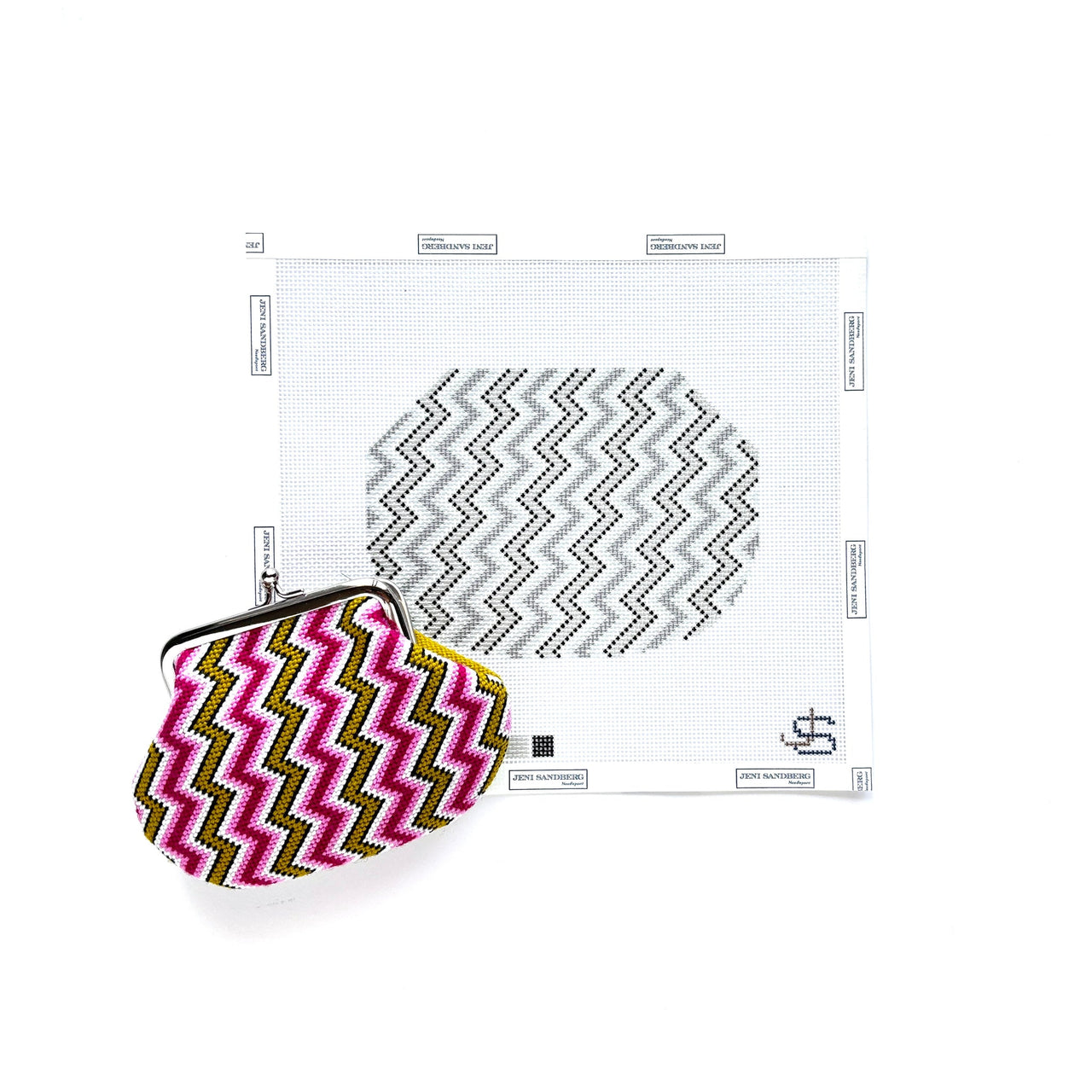 Zig Zag Stripe Kiss Lock Bag Needlepoint Canvas - grayscale