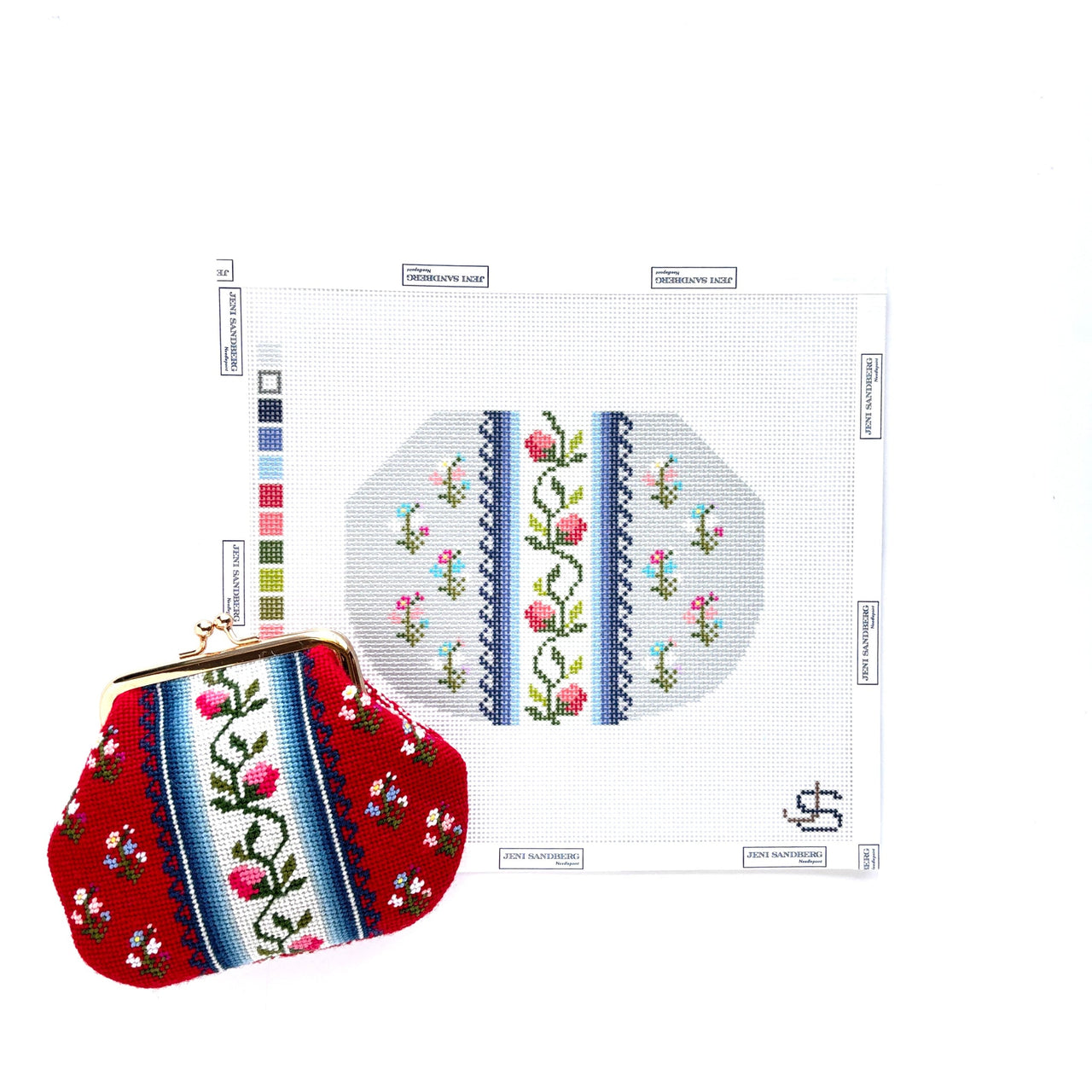 Floral Stripe Kiss Lock Bag Needlepoint Canvas - grayscale