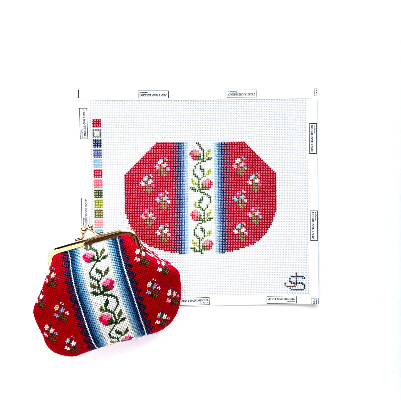 Floral Stripe Kiss Lock Bag Needlepoint Canvas - red