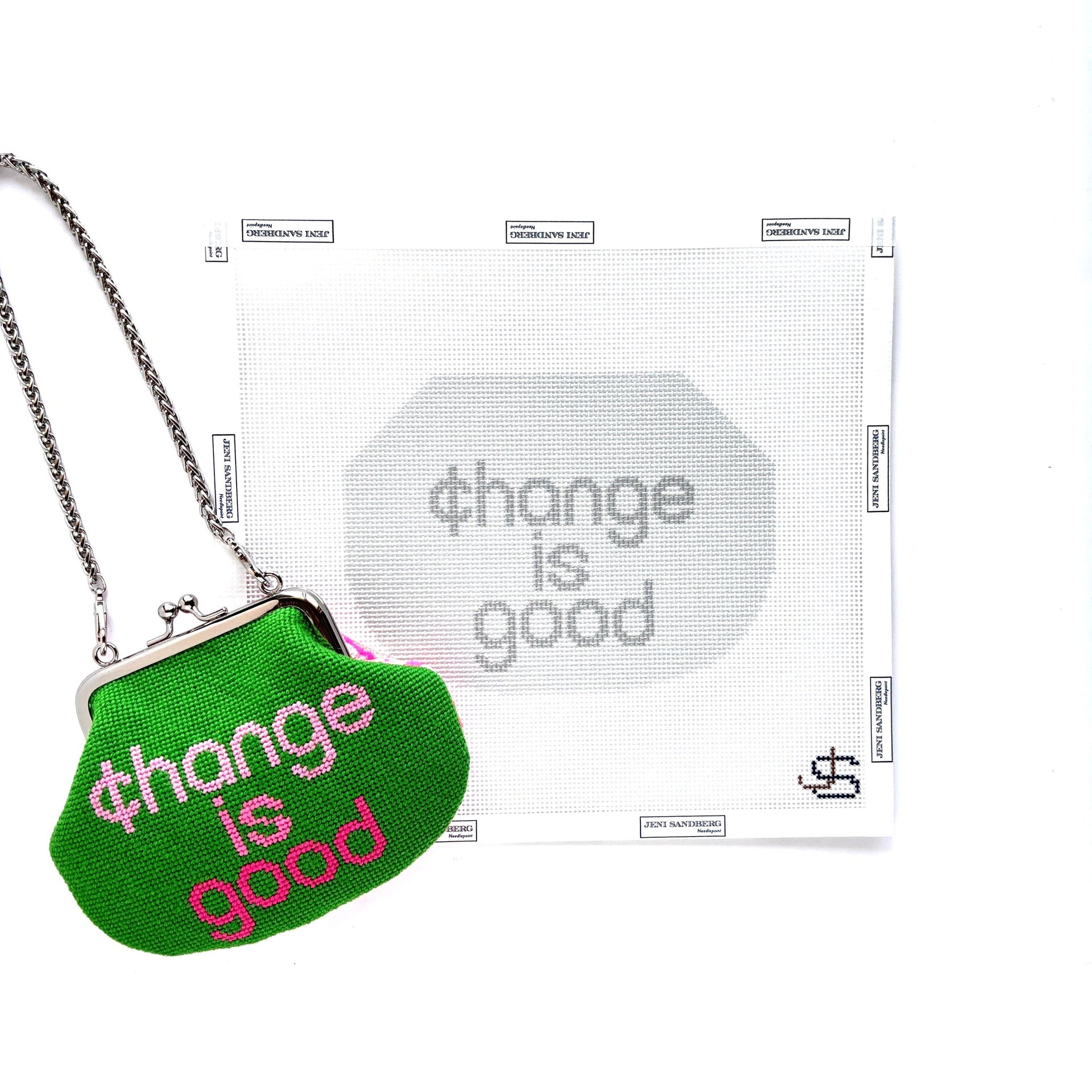 Change is Good Kiss Lock Bag Needlepoint Canvas - grayscale