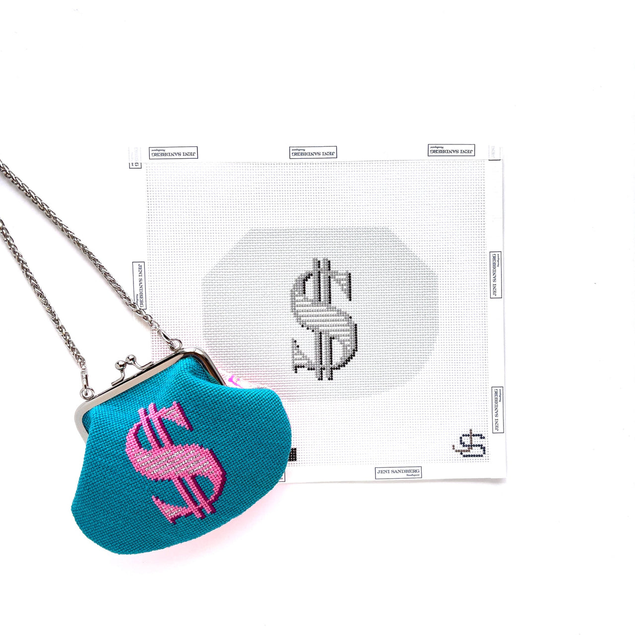Dollar Sign Kiss Lock Bag Needlepoint Canvas - grayscale