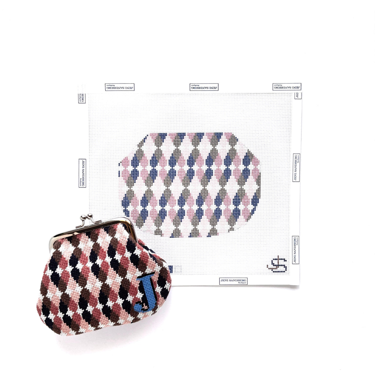 Teardrops Kiss Lock Bag Needlepoint Canvas - navy, mauve, brown