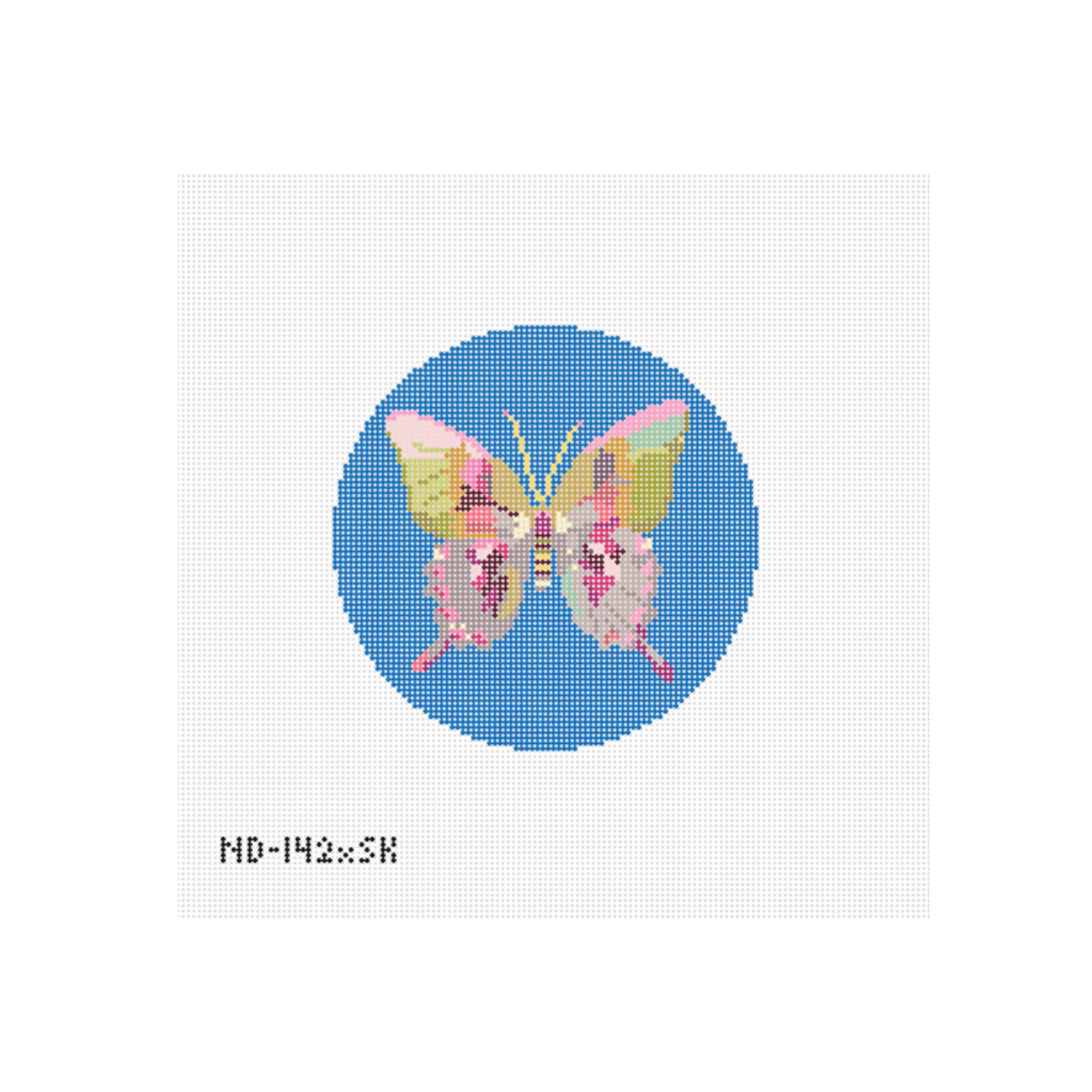 Gold & Green Butterfly on Blue - Round Needlepoint Canvas