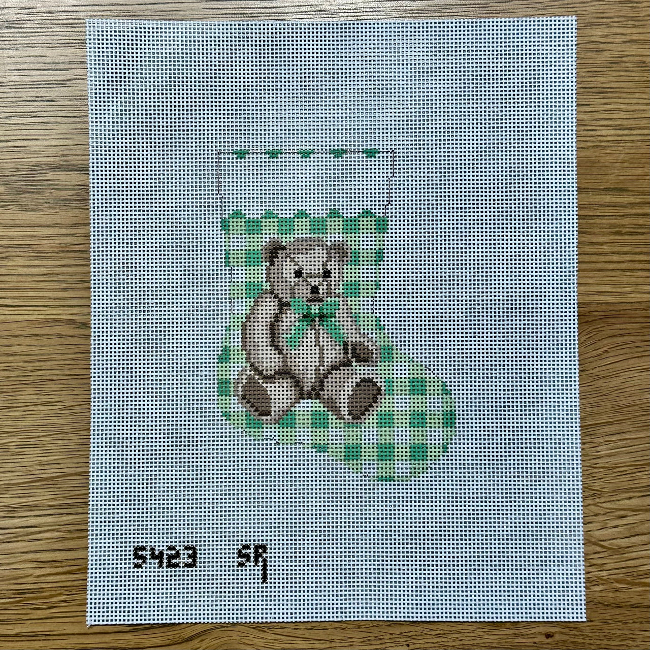 SR5423 Gingham Teddy, Green, Mini Stocking - TS