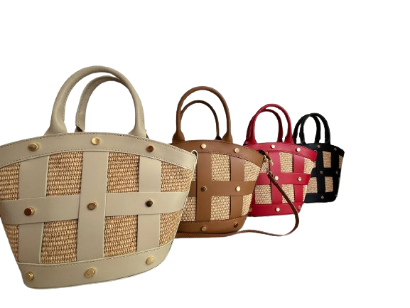 Cecile Leather & Raffia Studded Crossbody Bag