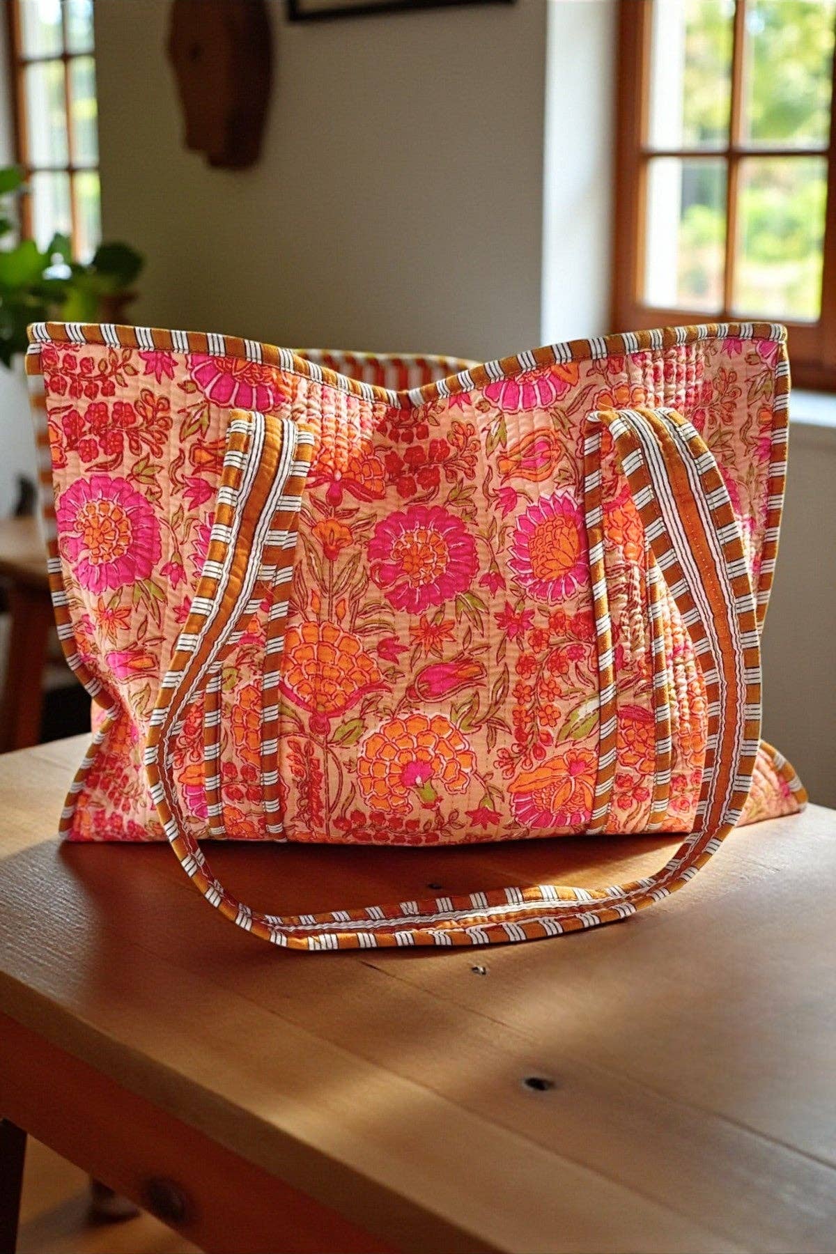Orange Floral Patterned Tote Bag