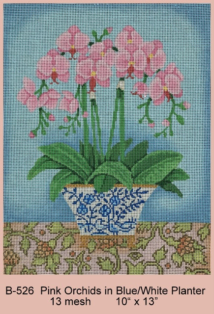 B-526 Pink Orchids in Blue/White Planter   13 mesh - TS