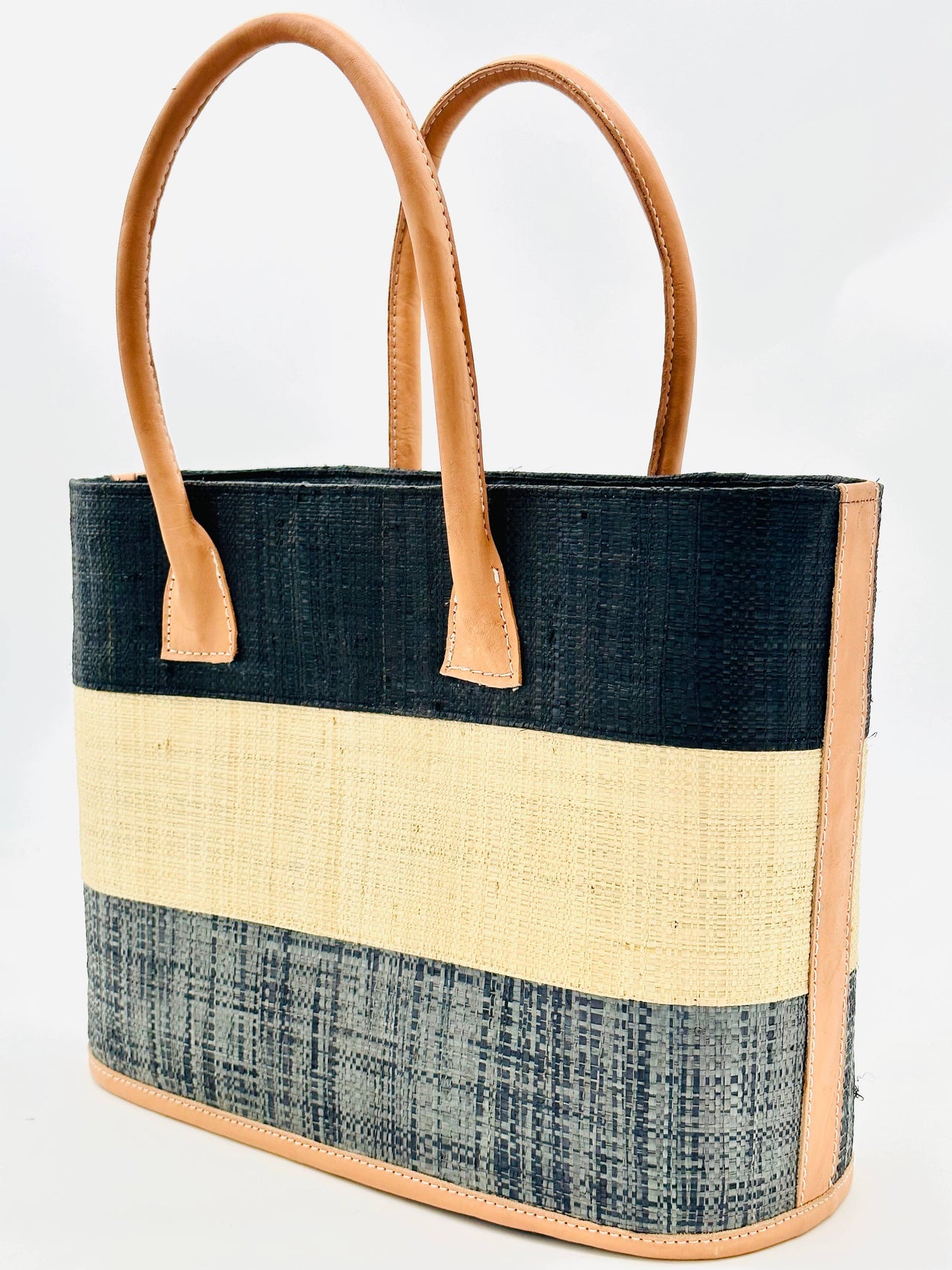 Santorini Color Block Straw Basket Bag Handbag - Grey and Black