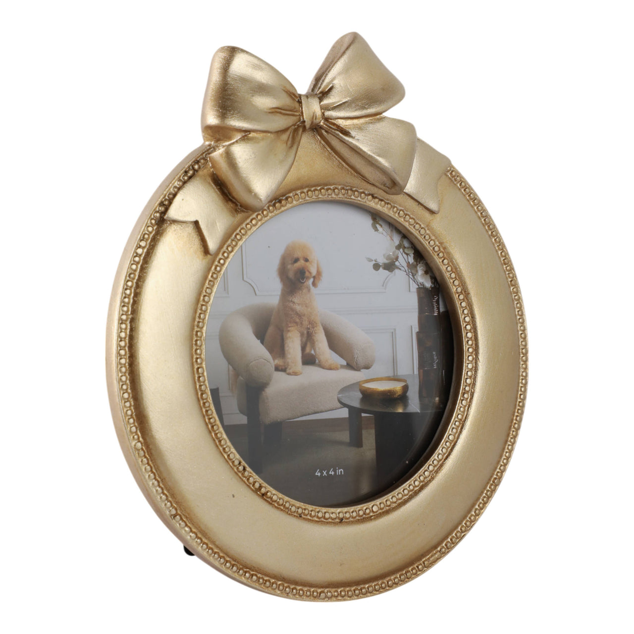 Gold 4" Round. Polyresin Glam Round Photo Frame with Bow