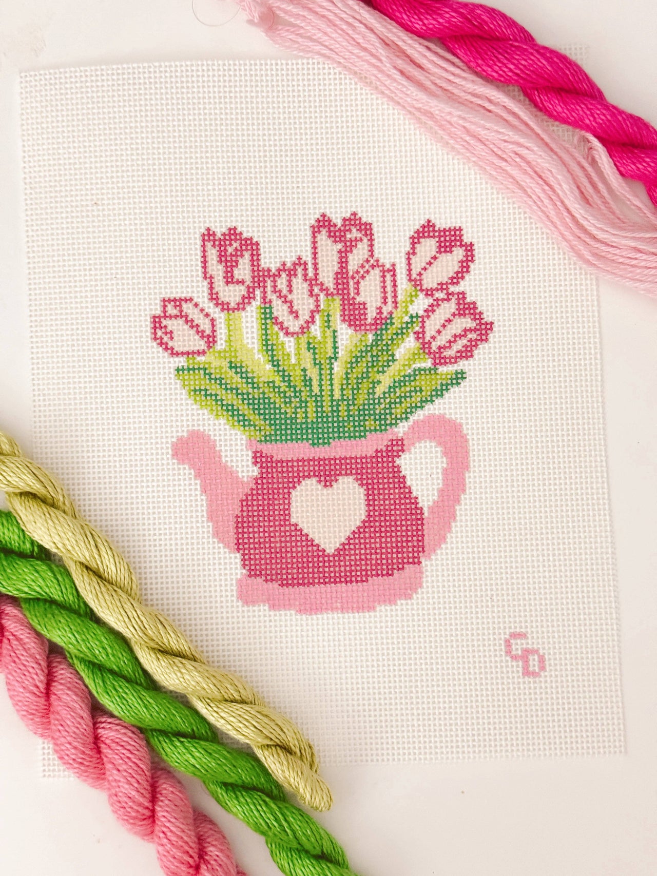 Heart Flower Teapot Needlepoint Canvas