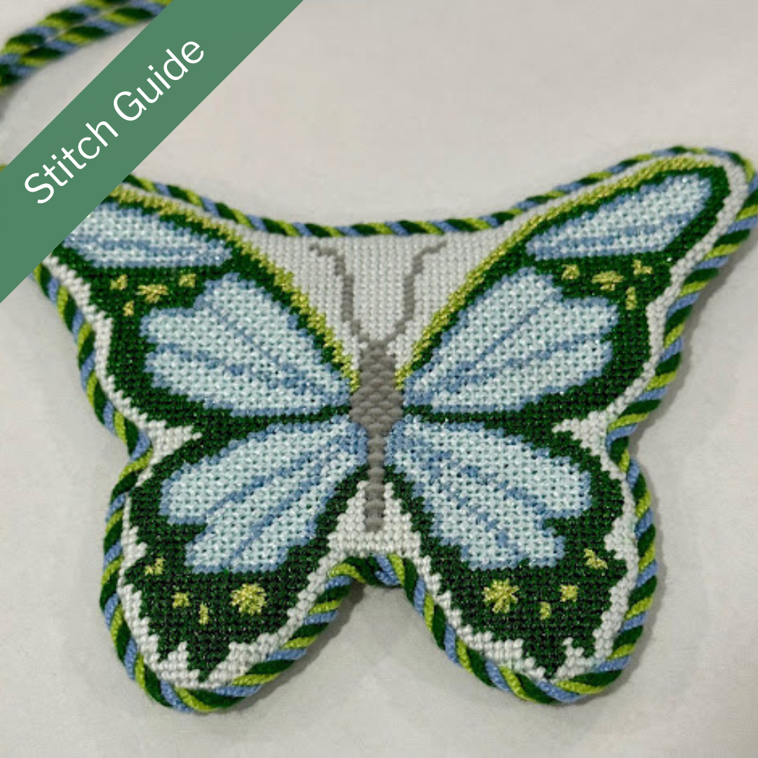 Green and Blue Butterfly Ornament Canvas + Stitch Guide by Liz Wakefield