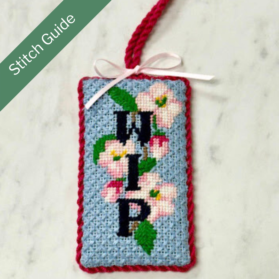 WIPs Apple Blossom Tag Canvas + Stitch Guide by Liz Wakefield
