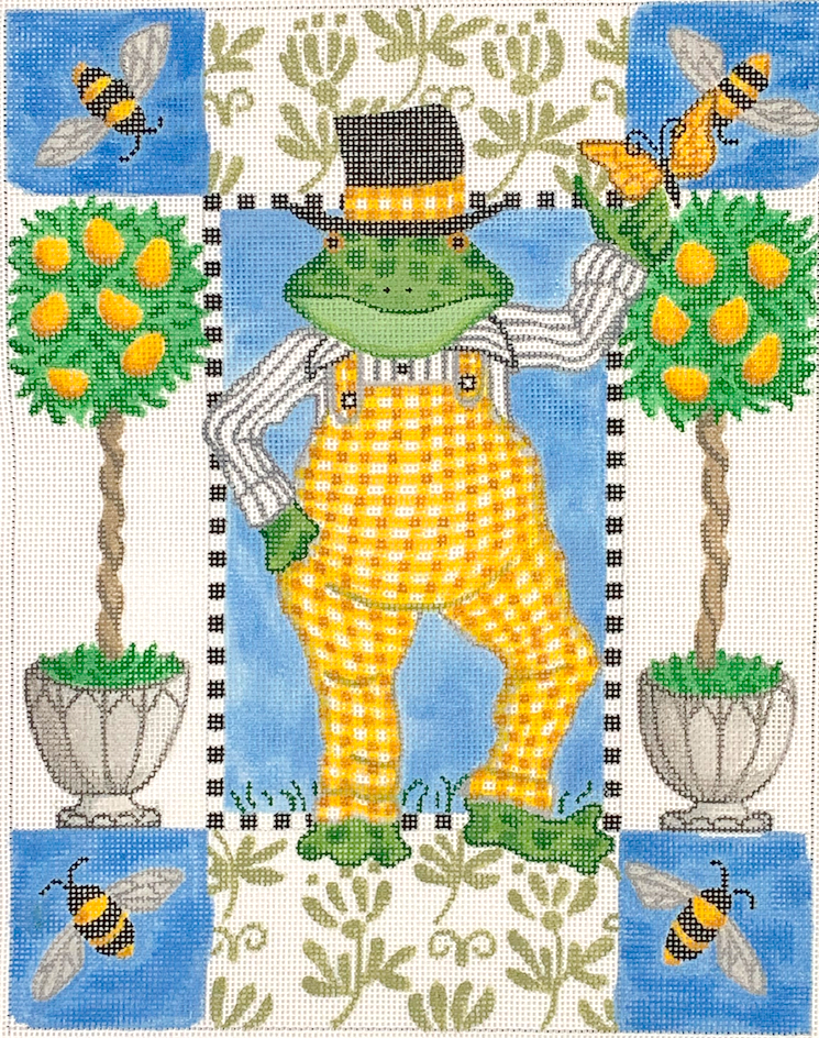 KR-PL-21 Kelly Rightsell Frog in Yellow Overalls and Topiaries
