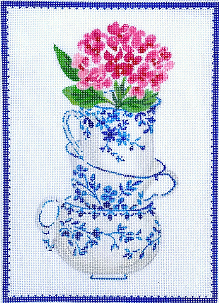 LB-PL-14 Blue and White Stacked Teacups with Pink Flowers