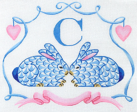 Monogram Crest - Fishnet Crouching Bunnies w/Hearts and Ribbon - blues w/pinks no monogram ALCR-10