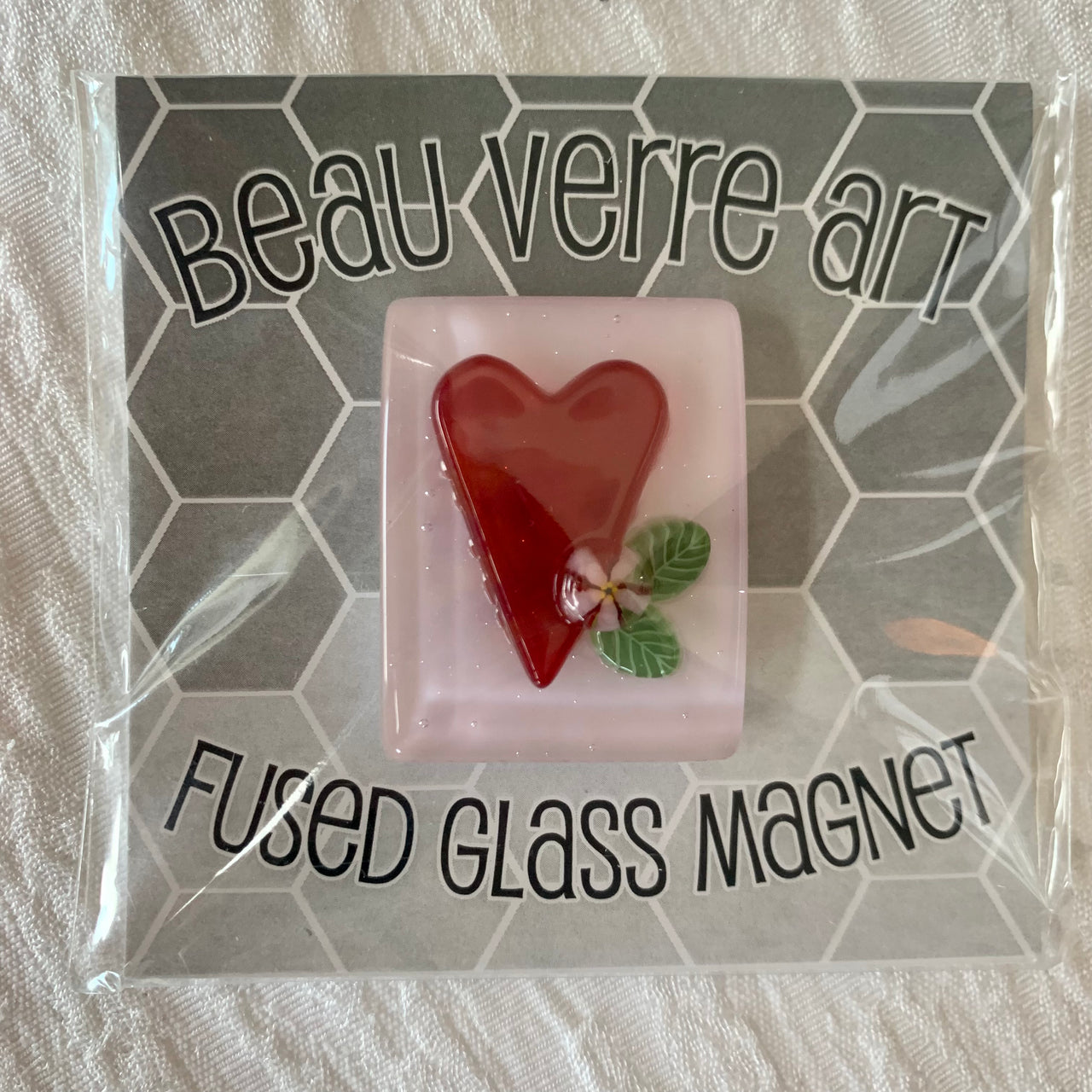 Red Heart on Pink Rectangle Fused Glass Needleminder