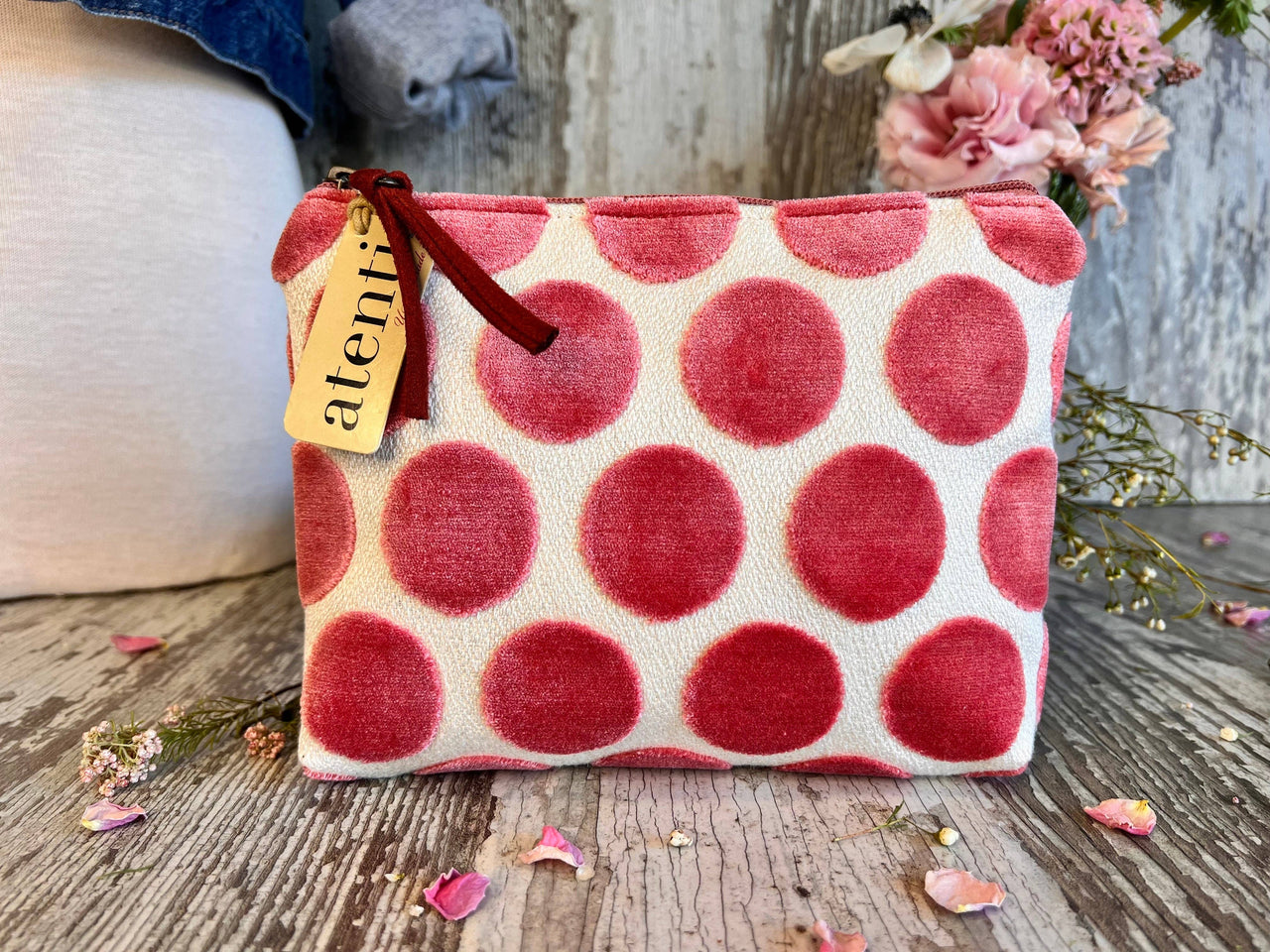 Elegant Rose Pink Polka-Dot Velvet Accessories Pouch Clutch