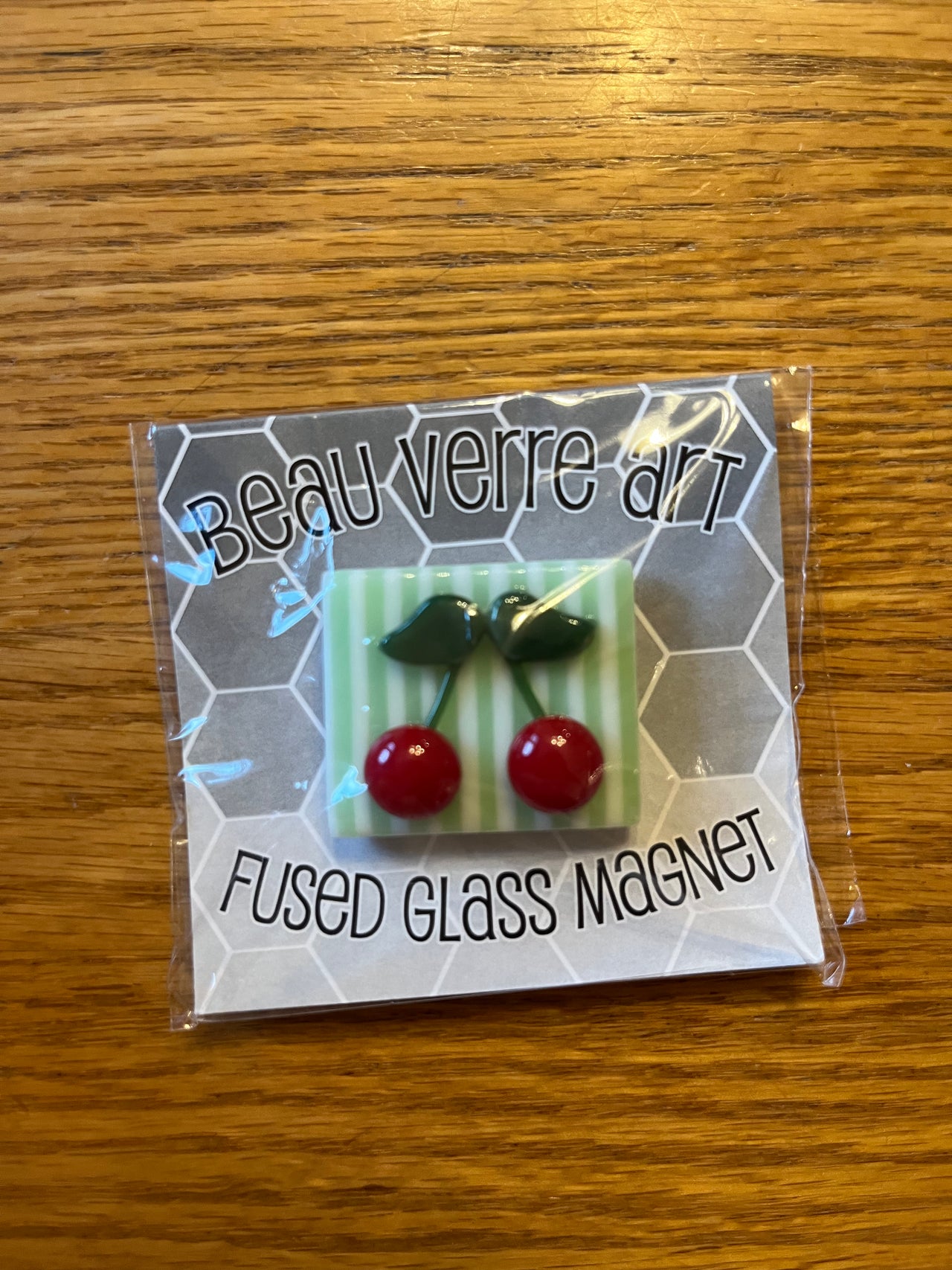 Cherries on Green and White Stripe Needleminder Magnet