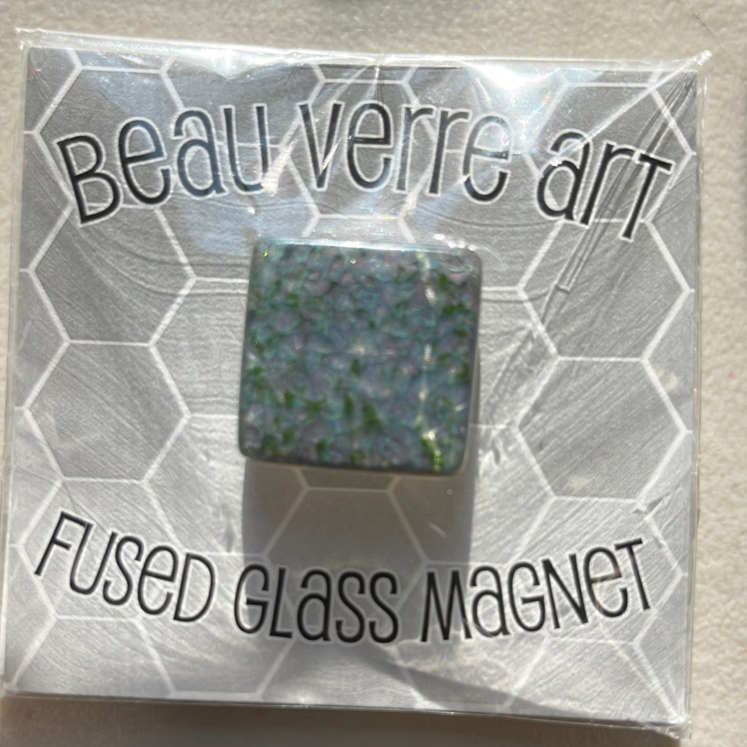 Lavender and Green Square Fused Glass Needleminder Magnet