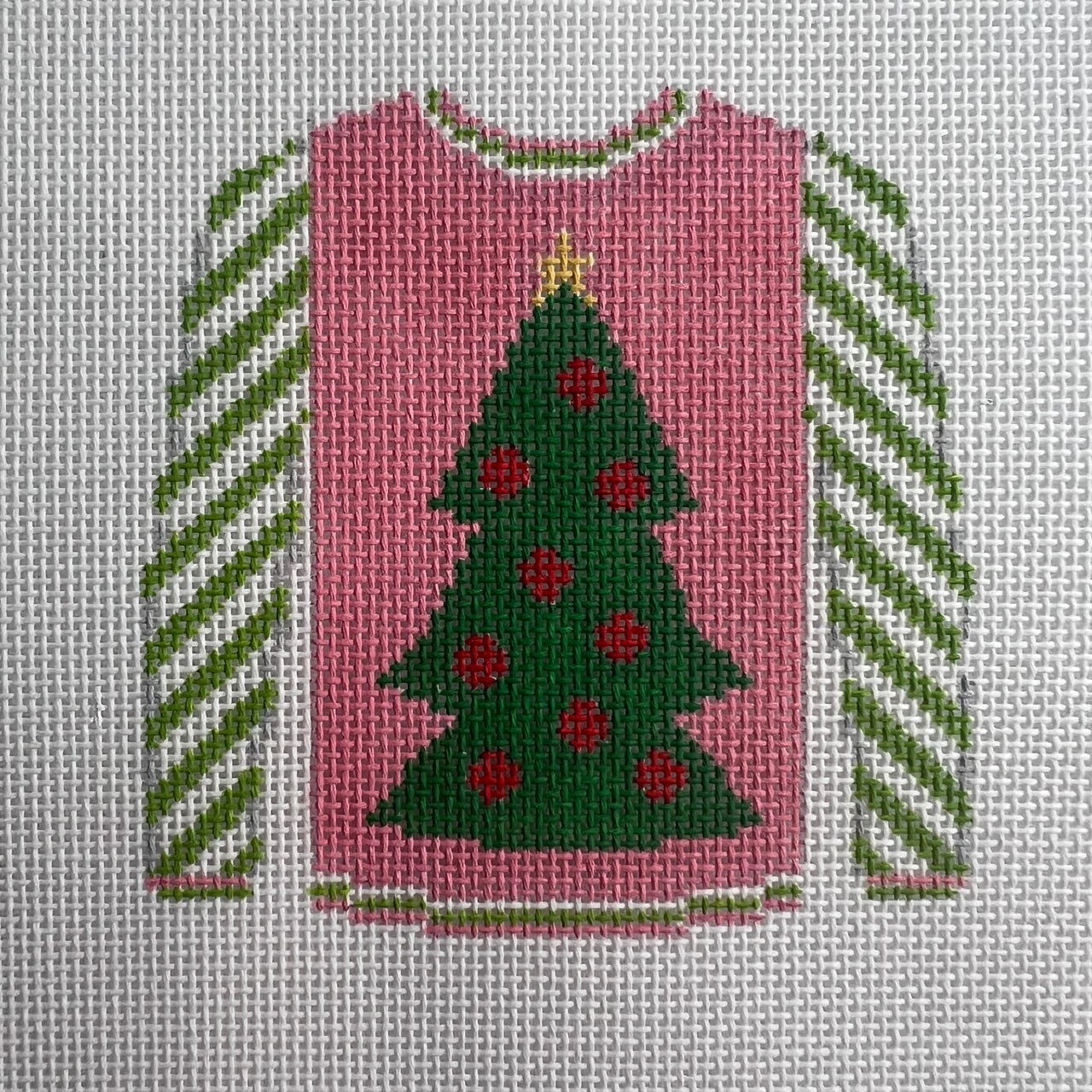 KKO199B Christmas Tree on Pink with Lime Striped Sleeves