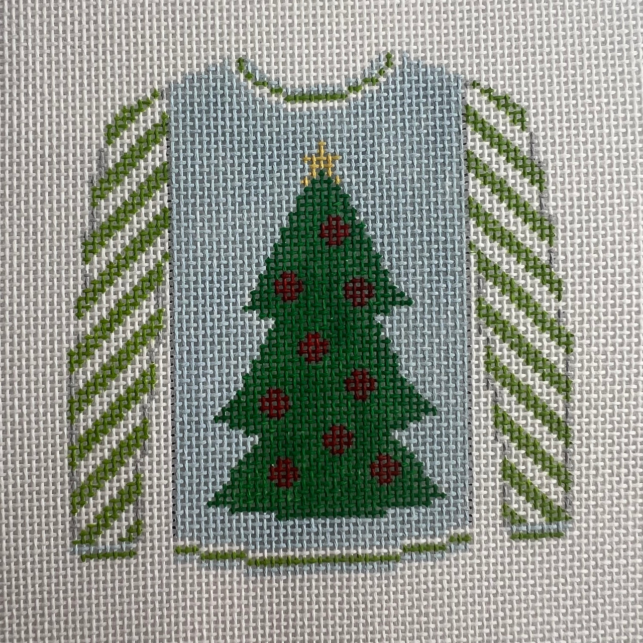 KKO199X Christmas Tree on Blue with Lime Striped Sleeves